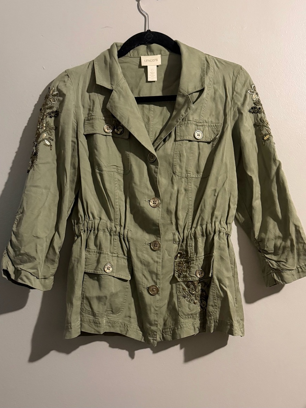 Chico's Olive Green Embroidered Beaded 3/4 Sleeves Gathered Waist Utility Jacket